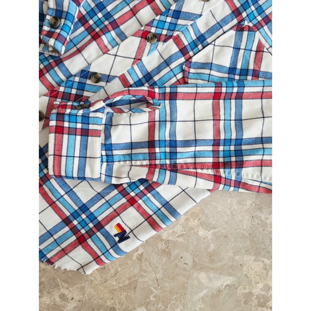 Aviator Nation Mens Plaid Flannel Shirt Red Blue White Frayed Hem Small USA - Picture 6 of 14